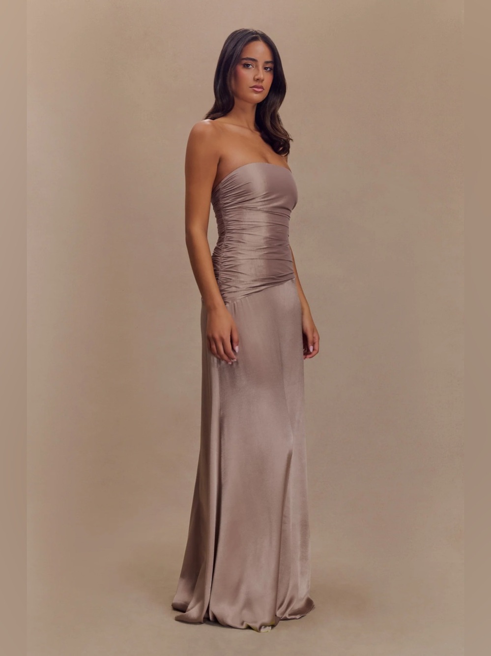 MESHKI Serena
Strapless Taffeta Maxi Dress - Bronze Taupe size S